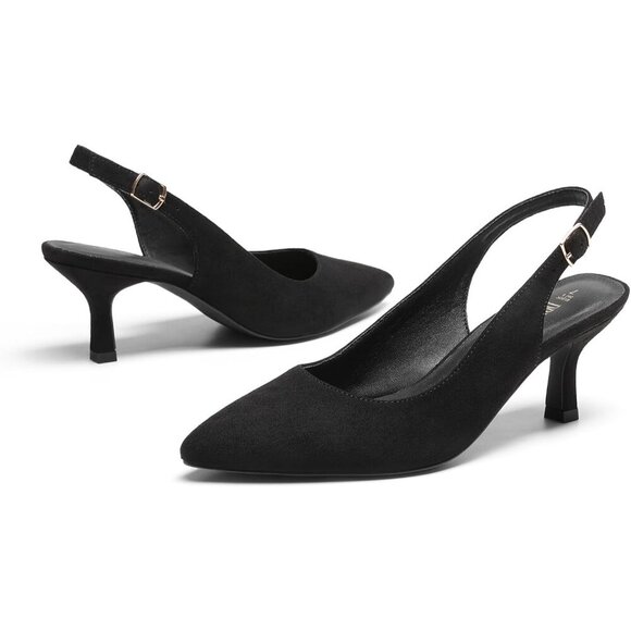Dream Pairs Women Black-suede Faux Suede Pointed Toe Slingback Low Kitten Heels - Picture 3 of 7
